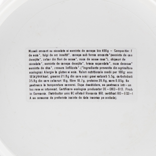 Musli crocant cu ciocolată și semințe de cânepă eco 400g