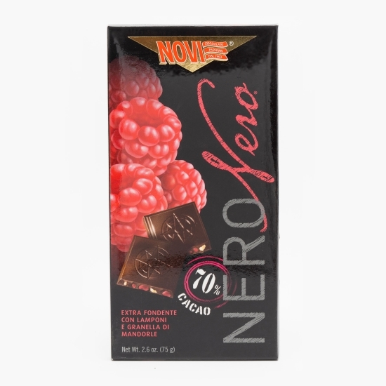 Ciocolată neagră extra cu 70% cacao, zmeură și migdale 75g