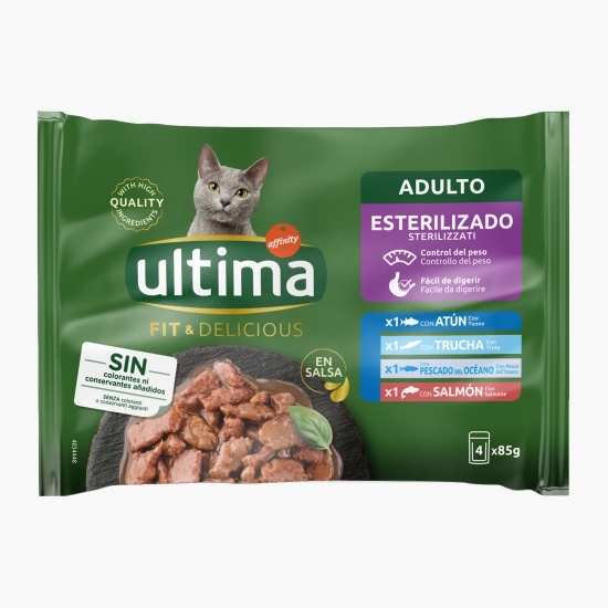 Mix hrană umedă pentru pisici sterilizate (ton, păstrăv, pește oceanic și somon), 4x85g