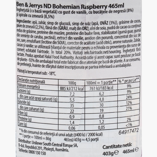 Înghețată vegană Bohemian Raspberry, cu negresă și zmeură 465ml (403g)