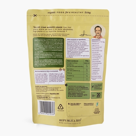  Pulbere proteică ecologică Vegan Protein 70%, cu gust de vanilie, 500g