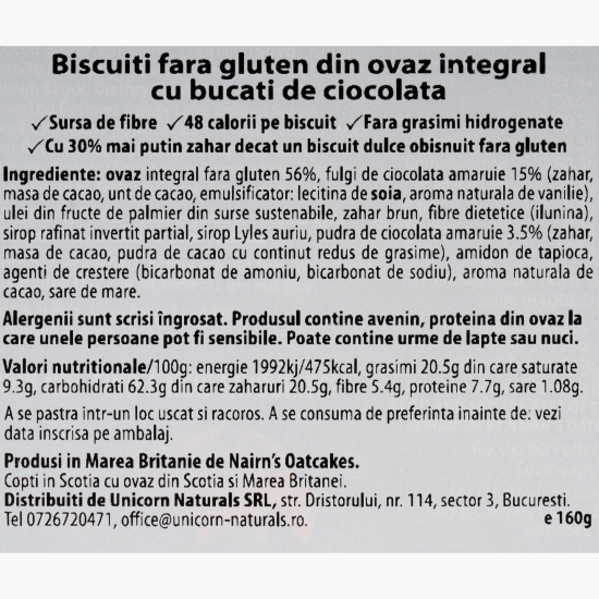 Biscuiți fără gluten din ovăz integral cu ciocolată 160g