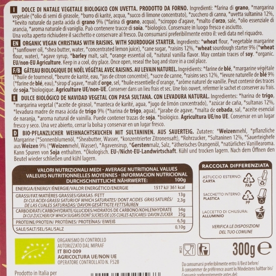 Panettone vegan ecologic de Crăciun cu stafide 300g
