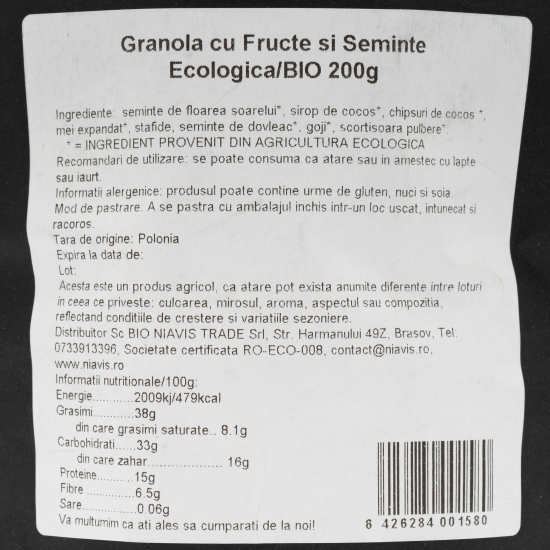 Granola cu fructe și semințe ecologică 200g