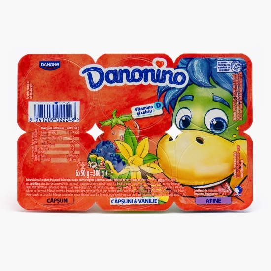 Brânzică de vaci pentru copii cu piure de căpșuni, căpșuni cu aromă de vanilie și afine 6x50g