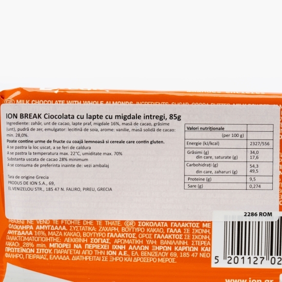 Ciocolată cu lapte și migdale întregi 85g