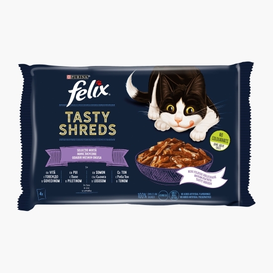 Hrană umedă pentru pisici adulte Tasty Shreds, 4x80g, mix de arome (vită, pui, somon și ton)