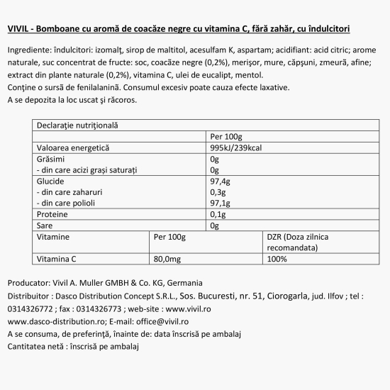 Bomboane cu aromă de coacăze negre cu vitamina C, fără zahăr 60g