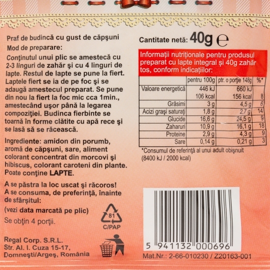 Praf de budincă cu gust de căpşuni 40g