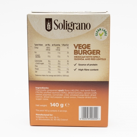 Burger vegan mexican cu speltă, quinoa și linte roșie 140g