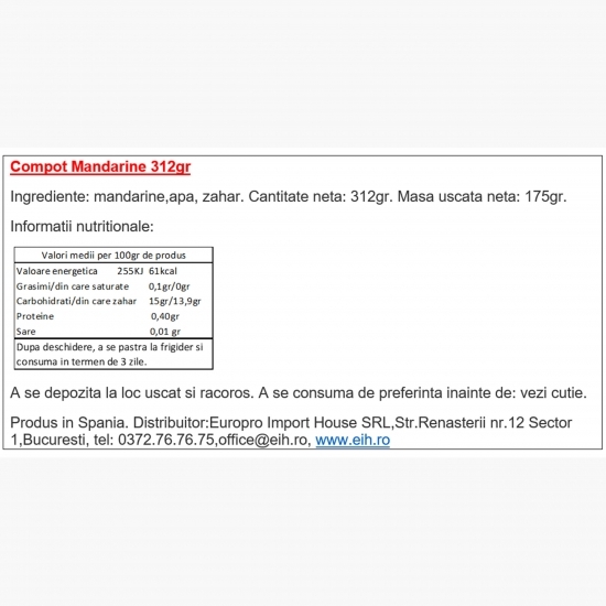 Compot de mandarine, conservă 312g