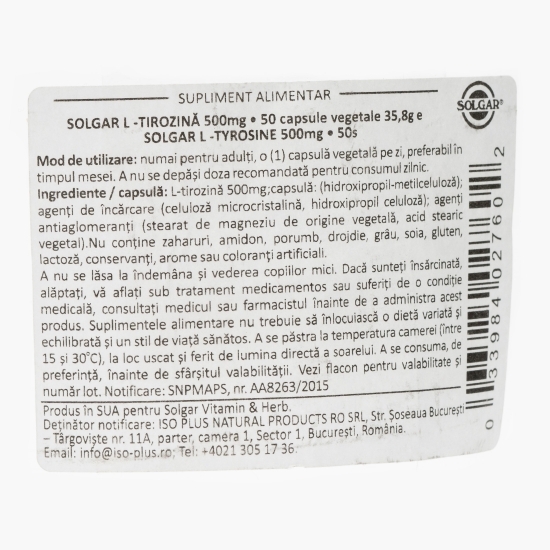 L-Tirozină 500mg, 50 capsule moi
