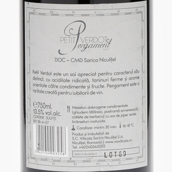 Vin roșu sec Petit Verdot Pergament, 13.5%, 0.75l