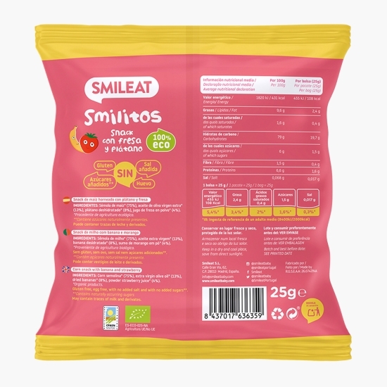 Pufuleți ecologici cu ulei de măsline, banane și căpșuni Smilitos, +8 luni, 25g