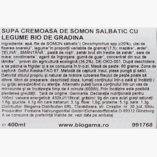 Supă cremoasă de somon sălbatic cu legume eco de grădină 400ml