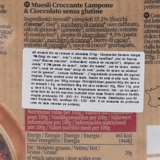 Musli crocant eco cu zmeură și ciocolată 375g