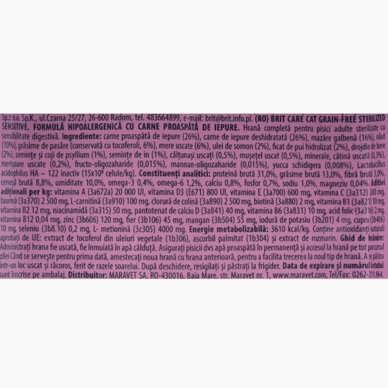 Hrană uscată pentru pisici sterilizate, cu iepure Sensitive, 400g
