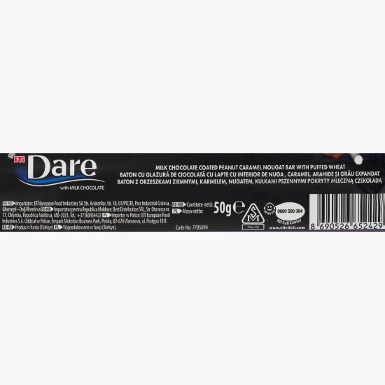 Baton cu glazură de ciocolată cu lapte cu interior de nuga, caramel, arahide și grâu expandat 50g