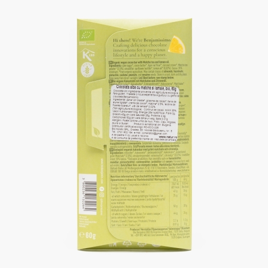Ciocolată albă eco, cu matcha și lămâie, 60g