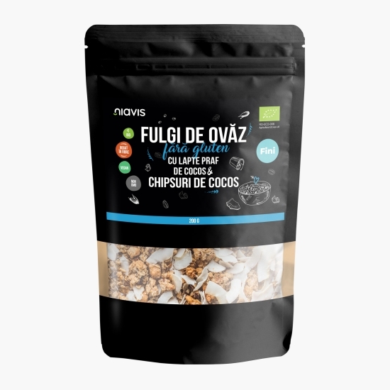 Fulgi de ovăz fini eco, fără gluten cu pudră de cocos și chipsuri de cocos 200g