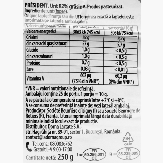 Unt nesărat, 82% grăsime, 250g