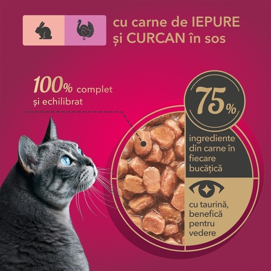 Hrană umedă pentru pisici, cu iepure și curcan în sos, 85g