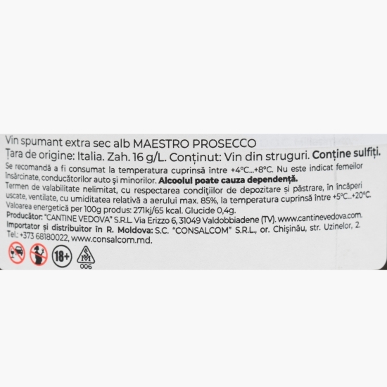 Vin spumant alb extra sec Prosecco Millesimato, 11%, 0.75l