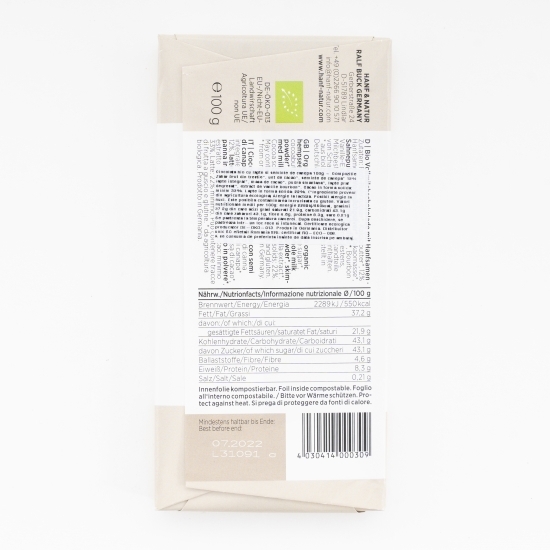 Ciocolată eco cu lapte și semințe de cânepă 100g