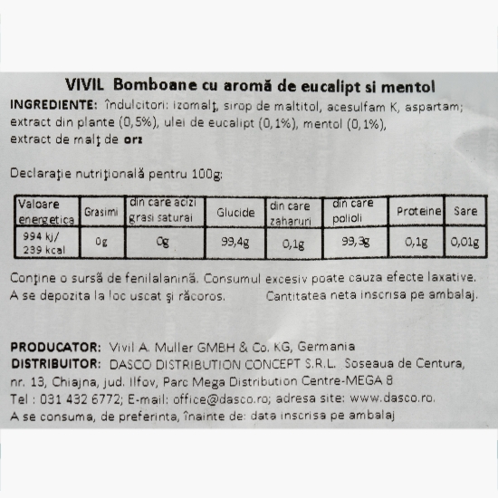 Bomboane fără zahăr cu eucalipt si mentol, 60g