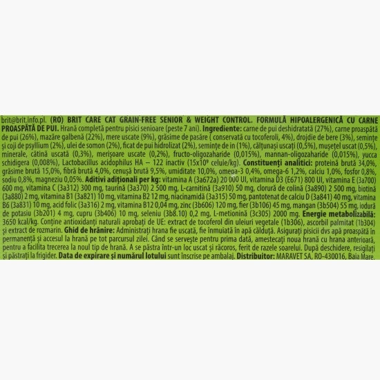 Hrană uscată pentru pisici senior, control greutate, cu pui, 400g