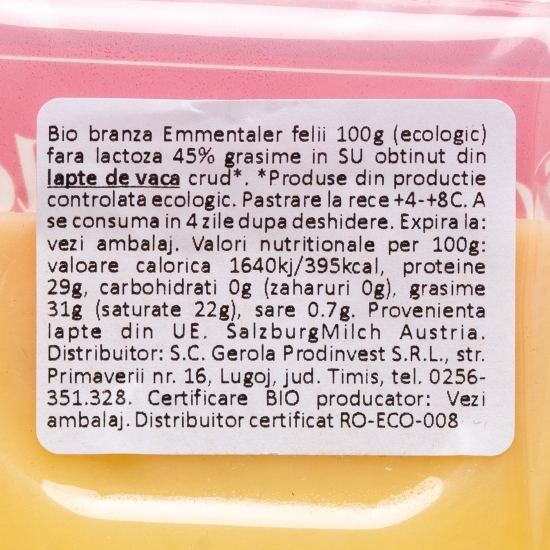 Brânză Emmentaler eco felii fără lactoză 45% grăsime 100g