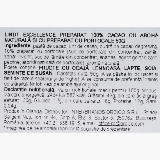 Ciocolată neagră 100% cacao cu portocale Excellence, 50g