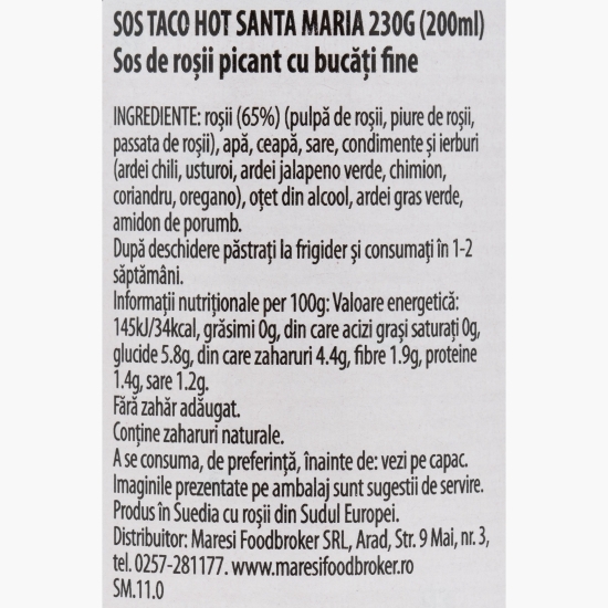 Sos taco hot, fără zahăr adăugat, 230g