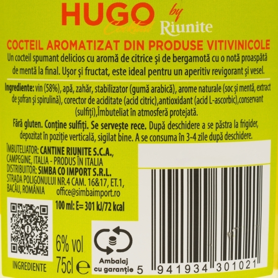Cocktail aromatizat din produse vitivinicole Hugo, 6%, 0.75l