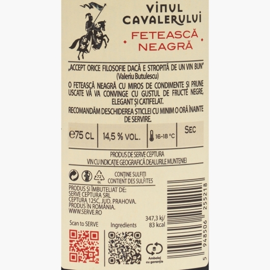 Vin roșu sec Fetească Neagră, 14.5%, 0.75l