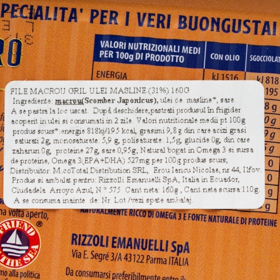 File de macrou gril în ulei de măsline 160g