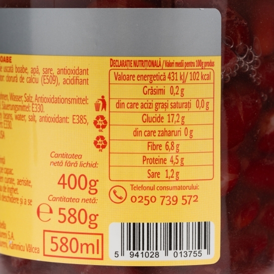 Fasole roșie boabe 580g