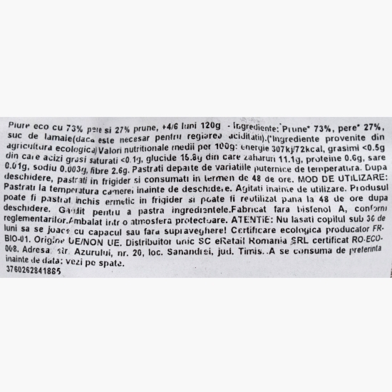 Piure eco cu 73% pere și 27% prune, +4/6 luni, 120g