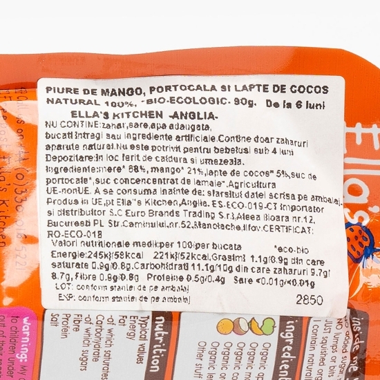 Piure ecologic de mango, portocală și lapte de cocos, +6 luni, 90g