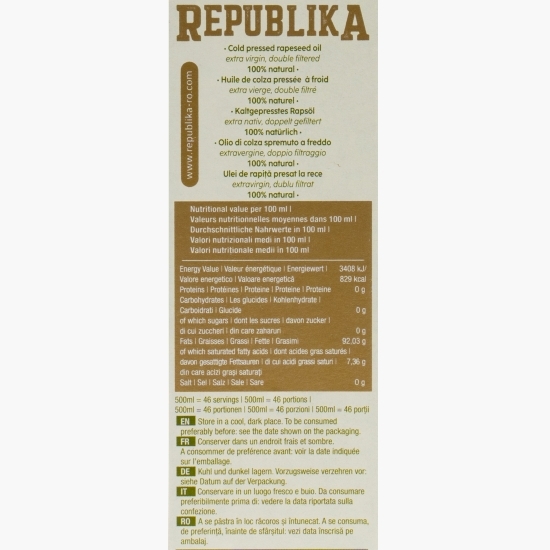 Ulei de rapiță presat la rece, extravirgin, 0.5l