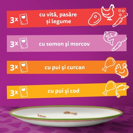 Hrană umedă pentru pisici adulte 12x85g, Tasty Mix cu vită, pasăre și legume, somon și morcov, pui și curcan, pui și cod