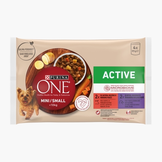 Hrană umedă pentru câini One Mini Active, multipack - vită și cartofi & rață și paste, 4 buc x 85g