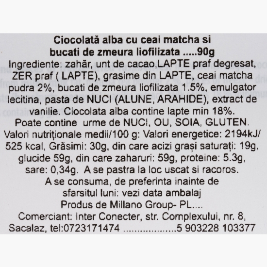 Ciocolată albă cu matcha și bucăți de zmeură liofilizată 90g