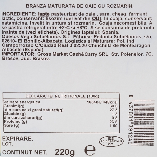 Brânză maturată de oaie cu rozmarin 220g