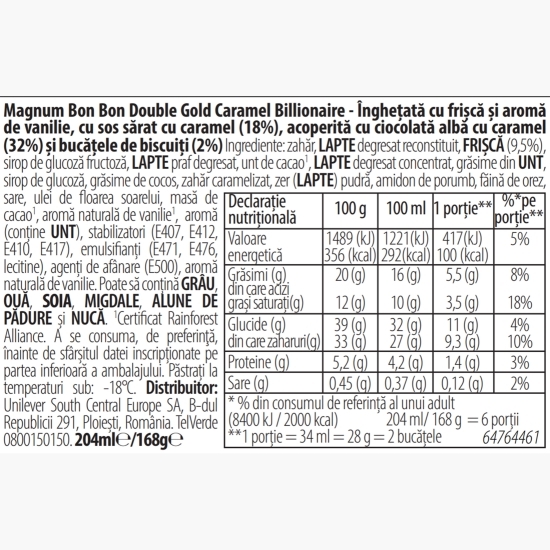 Înghețată Bon Bon Gold Caramel Billionaire 0.204l