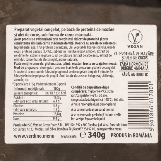 Măcinată vegetală fără vită, congelată 340g