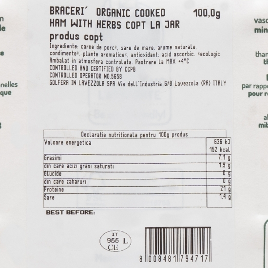 Prosciutto cotto di alta qualita cu ierburi, eco 100g