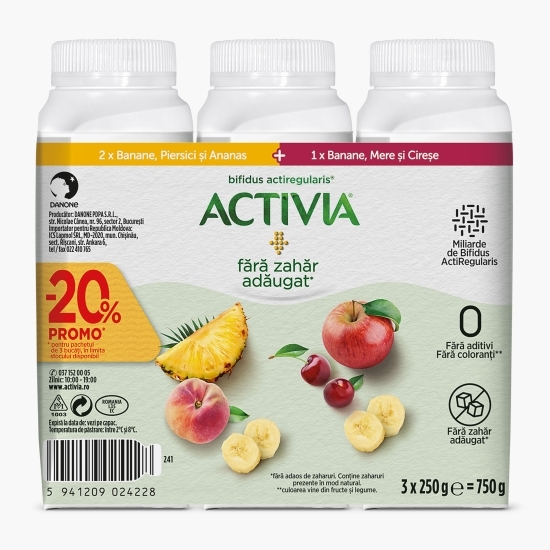 Pachet iaurt de băut, fără zahăr adăugat, cu banane, piersici și ananas/ banane, mere și cireșe 3x250g