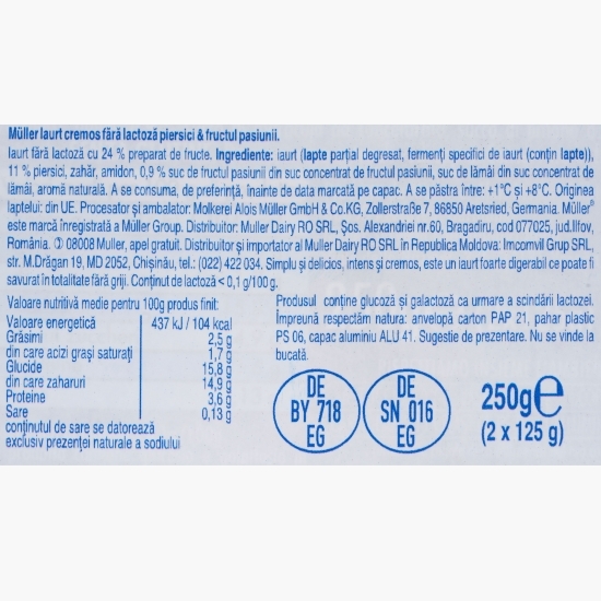 Iaurt fără lactoză, cu piersici și fructul pasiunii, 2x125g