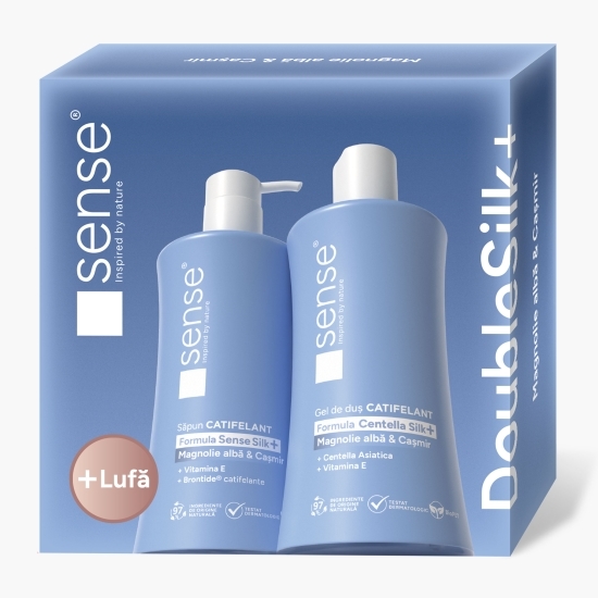 Set cadou Săpun lichid gel 330ml + Gel de duș 330ml Double Silk+, Magnolie albă & Cașmir